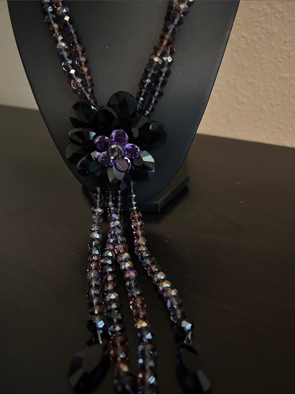 Handcrafted Black & Purple Beaded Flower Lariat Necklace - Picture 2 of 6